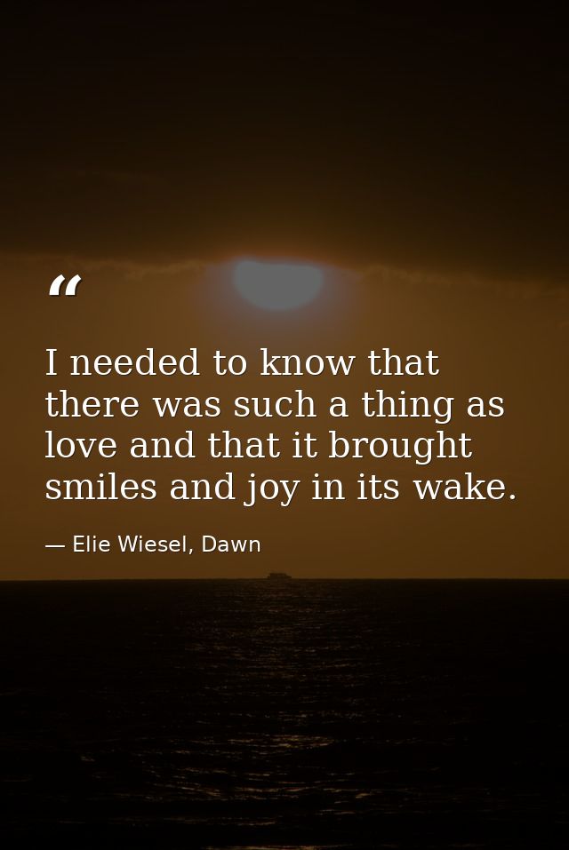 I needed to know that there was such a thing as love and that it brought smiles and joy in its wake. — Elie Wiesel, Dawn