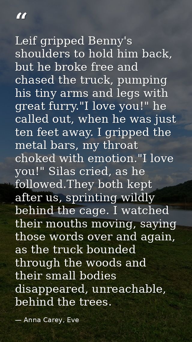 Leif gripped Benny's shoulders to hold him back, but he broke free and chased the truck, pumping his tiny arms and legs  — Anna Carey, Eve