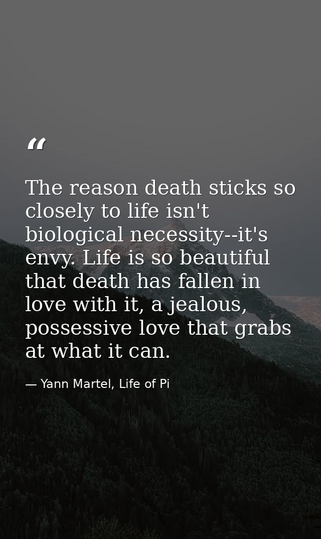 The reason death sticks so closely to life isn't biological necessity--it's envy. Life is so beautiful that death has fa — Yann Martel, Life of Pi