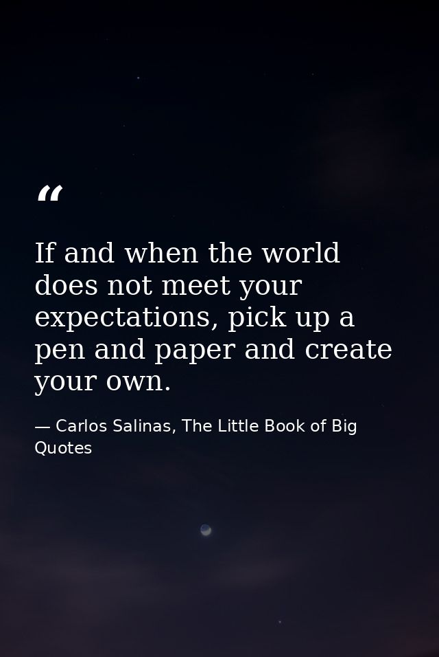 If and when the world does not meet your expectations, pick up a pen and paper and create your own. — Carlos Salinas, The Little Book of Big Quotes