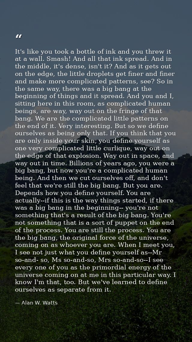 It's like you took a bottle of ink and you threw it at a wall. Smash! And all that ink spread. And in the middle, it's d — Alan W. Watts