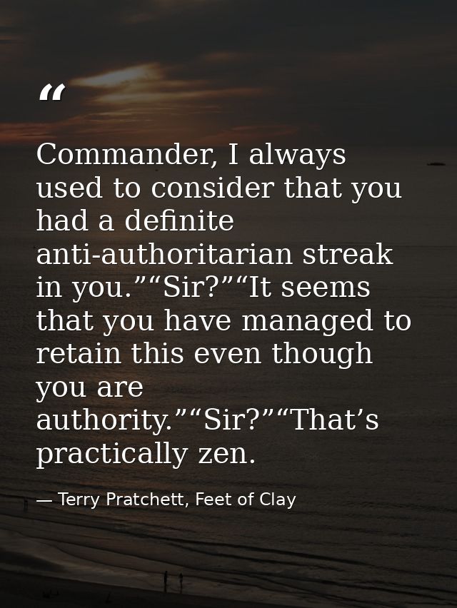 Commander, I always used to consider that you had a definite anti-authoritarian streak in you.”“Sir?”“It seems that you  — Terry Pratchett, Feet of Clay