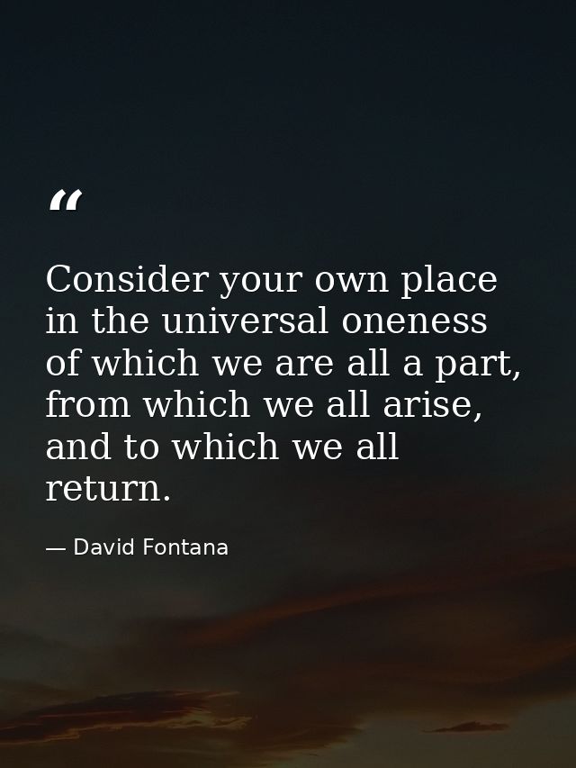 Consider your own place in the universal oneness of which we are all a part, from which we all arise, and to which we al — David Fontana