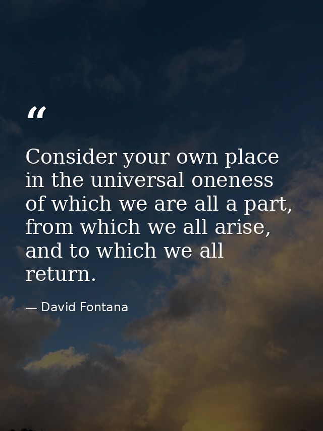 Consider your own place in the universal oneness of which we are all a part, from which we all arise, and to which we al — David Fontana
