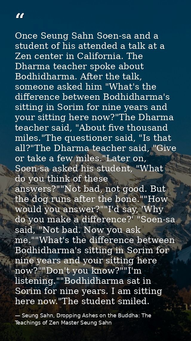 Once Seung Sahn Soen-sa and a student of his attended a talk at a Zen center in California. The Dharma teacher spoke abo — Seung Sahn, Dropping Ashes on the Buddha: The Teachings of Zen Master Seung Sahn