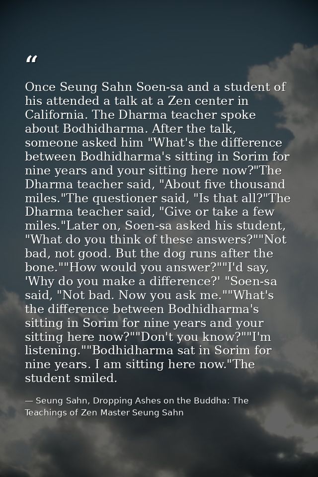 Once Seung Sahn Soen-sa and a student of his attended a talk at a Zen center in California. The Dharma teacher spoke abo — Seung Sahn, Dropping Ashes on the Buddha: The Teachings of Zen Master Seung Sahn