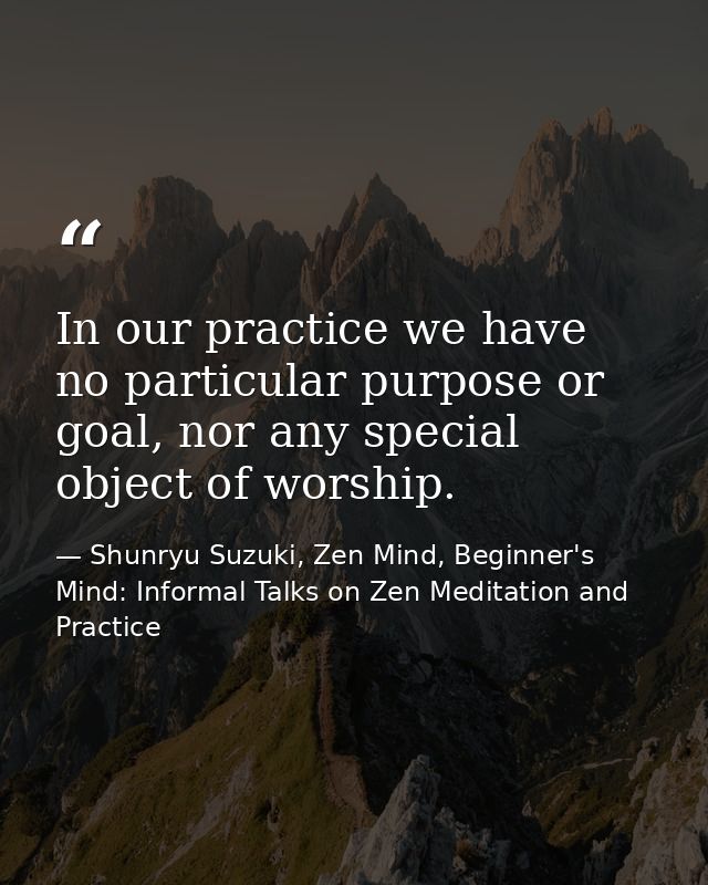 In our practice we have no particular purpose or goal, nor any special object of worship. — Shunryu Suzuki, Zen Mind, Beginner's Mind: Informal Talks on Zen Meditation and Practice