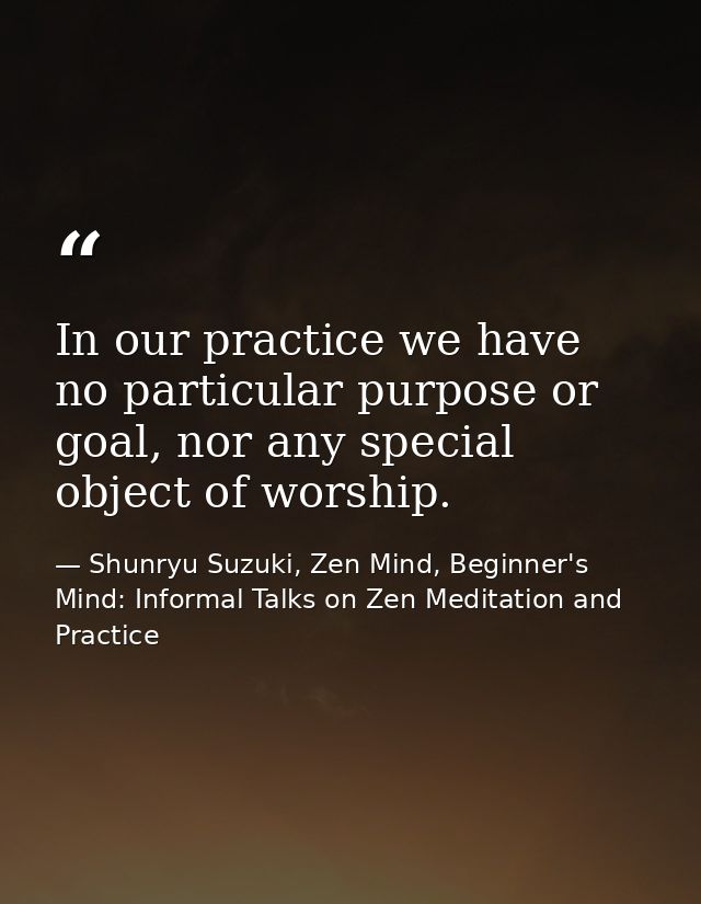 In our practice we have no particular purpose or goal, nor any special object of worship. — Shunryu Suzuki, Zen Mind, Beginner's Mind: Informal Talks on Zen Meditation and Practice