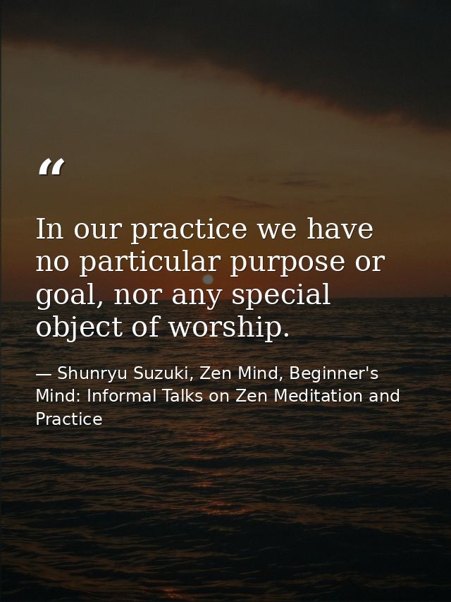 In our practice we have no particular purpose or goal, nor any special object of worship. — Shunryu Suzuki, Zen Mind, Beginner's Mind: Informal Talks on Zen Meditation and Practice
