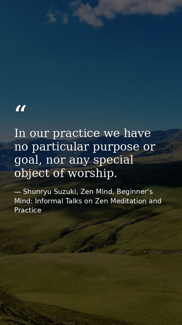 In our practice we have no particular purpose or goal, nor any special object of worship. — Shunryu Suzuki, Zen Mind, Beginner's Mind: Informal Talks on Zen Meditation and Practice