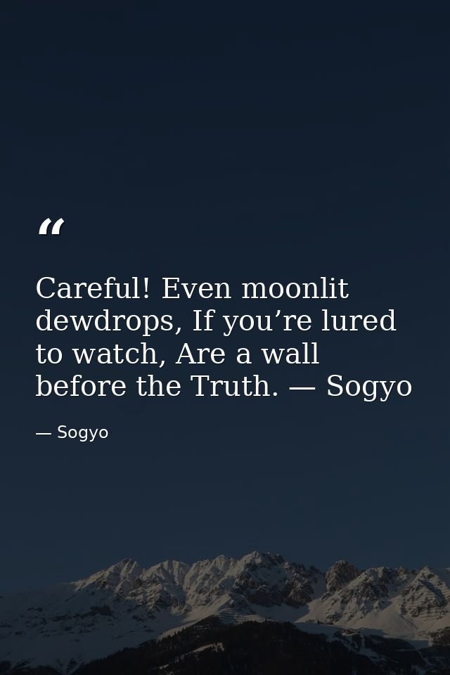 Careful! Even moonlit dewdrops, If you’re lured to watch, Are a wall before the Truth. — Sogyo — Sogyo