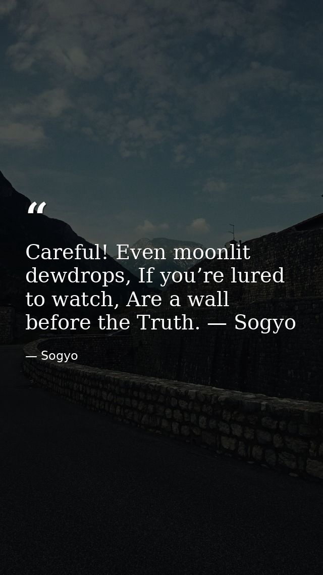 Careful! Even moonlit dewdrops, If you’re lured to watch, Are a wall before the Truth. — Sogyo — Sogyo