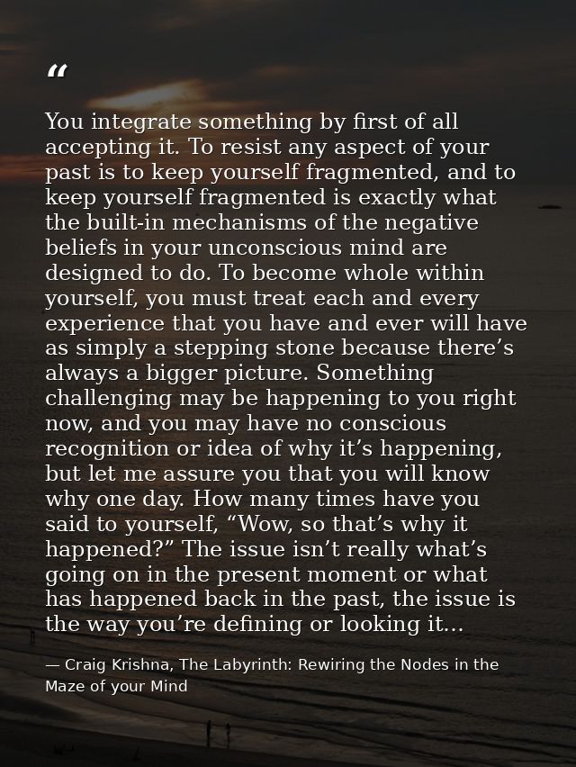 You integrate something by first of all accepting it. To resist any aspect of your past is to keep yourself fragmented,  — Craig Krishna, The Labyrinth: Rewiring the Nodes in the Maze of your Mind