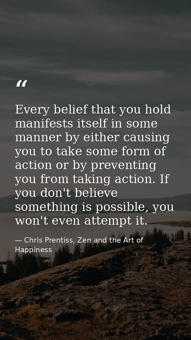 Every belief that you hold manifests itself in some manner by either causing you to take some form of action or by preve — Chris Prentiss, Zen and the Art of Happiness