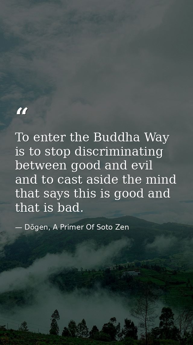 To enter the Buddha Way is to stop discriminating between good and evil and to cast aside the mind that says this is goo — Dōgen, A Primer Of Soto Zen