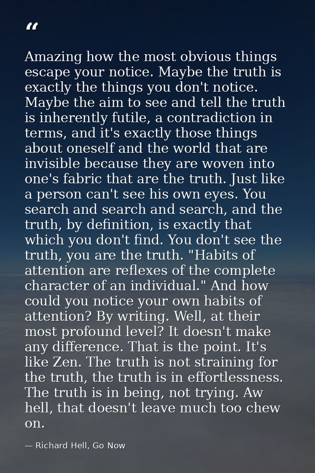 Amazing how the most obvious things escape your notice. Maybe the truth is exactly the things you don't notice. Maybe th — Richard Hell, Go Now