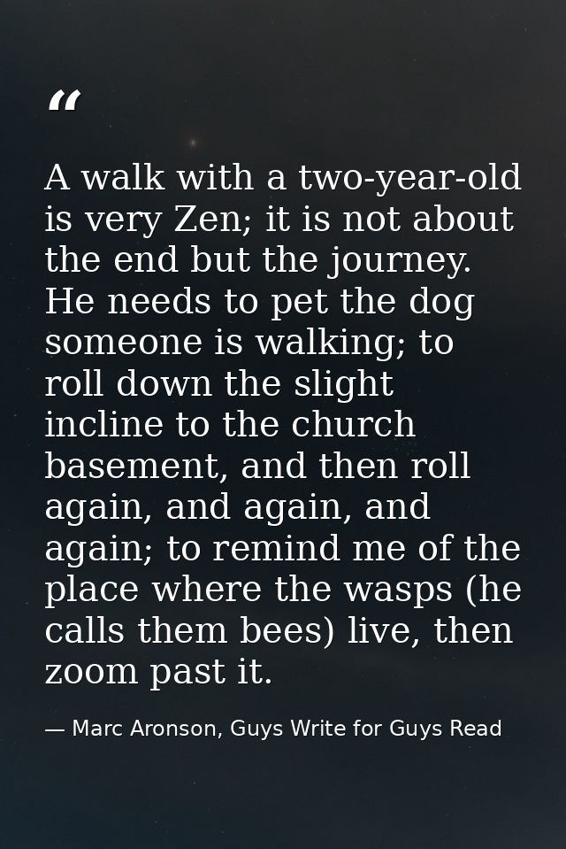A walk with a two-year-old is very Zen; it is not about the end but the journey. He needs to pet the dog someone is walk — Marc Aronson, Guys Write for Guys Read