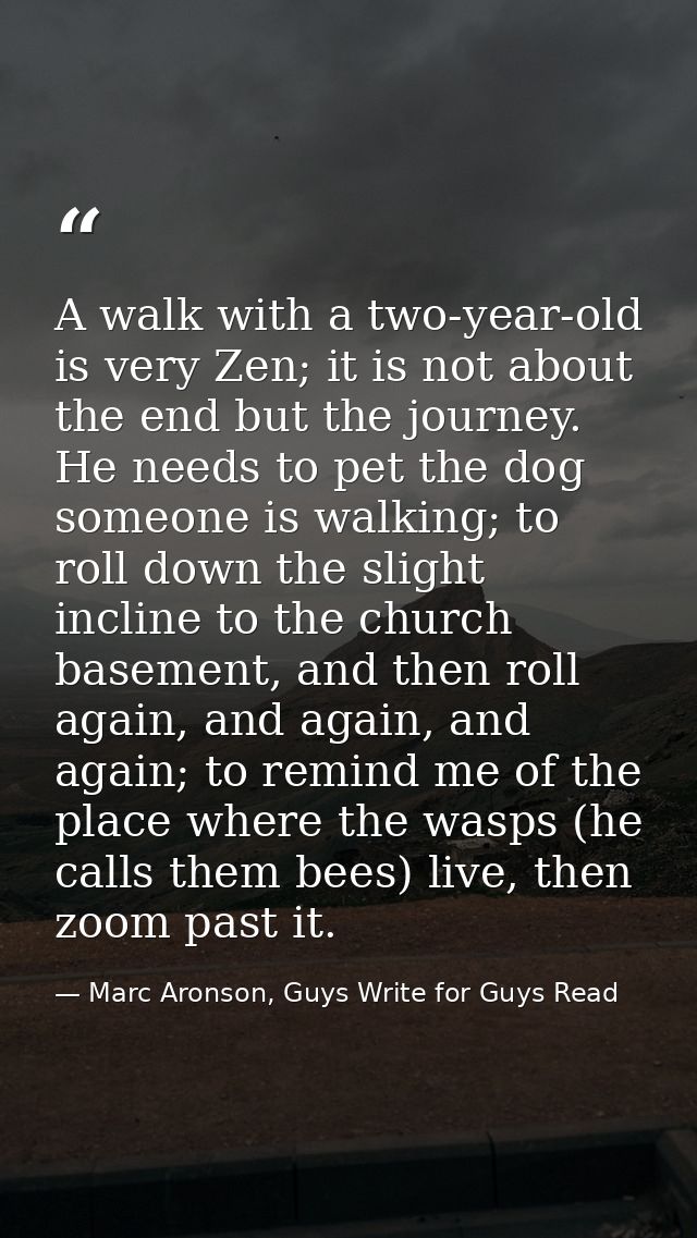 A walk with a two-year-old is very Zen; it is not about the end but the journey. He needs to pet the dog someone is walk — Marc Aronson, Guys Write for Guys Read