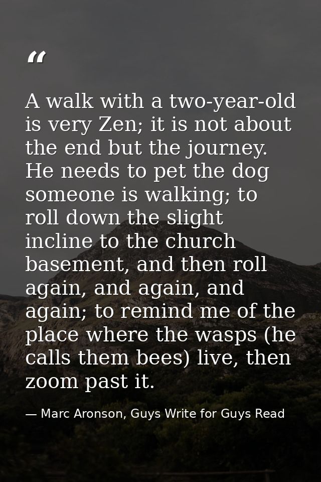 A walk with a two-year-old is very Zen; it is not about the end but the journey. He needs to pet the dog someone is walk — Marc Aronson, Guys Write for Guys Read