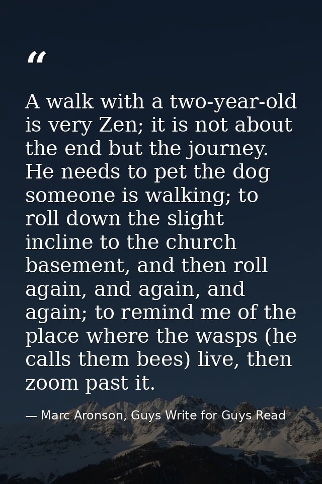 A walk with a two-year-old is very Zen; it is not about the end but the journey. He needs to pet the dog someone is walk — Marc Aronson, Guys Write for Guys Read