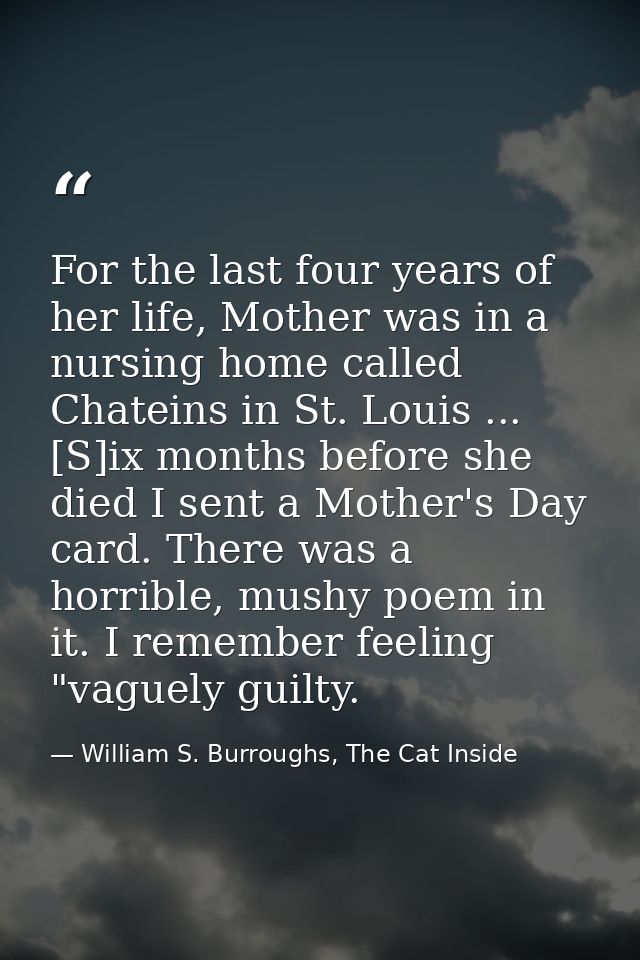 For the last four years of her life, Mother was in a nursing home called Chateins in St. Louis ... [S]ix months before s — William S. Burroughs, The Cat Inside