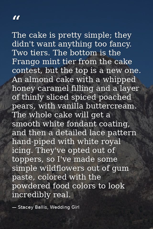 The cake is pretty simple; they didn't want anything too fancy. Two tiers. The bottom is the Frango mint tier from the c — Stacey Ballis, Wedding Girl