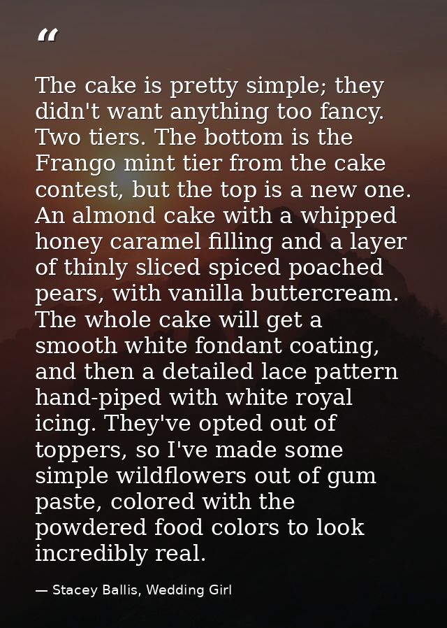 The cake is pretty simple; they didn't want anything too fancy. Two tiers. The bottom is the Frango mint tier from the c — Stacey Ballis, Wedding Girl