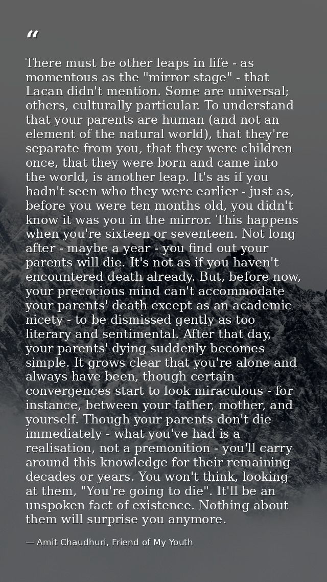 There must be other leaps in life - as momentous as the "mirror stage" - that Lacan didn't mention. Some are universal;  — Amit Chaudhuri, Friend of My Youth
