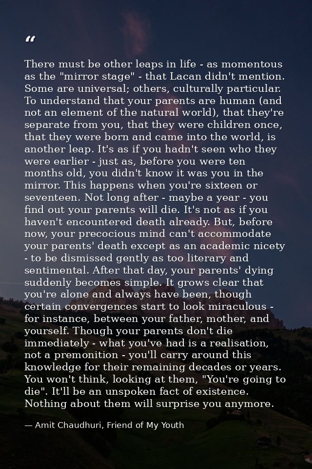 There must be other leaps in life - as momentous as the "mirror stage" - that Lacan didn't mention. Some are universal;  — Amit Chaudhuri, Friend of My Youth