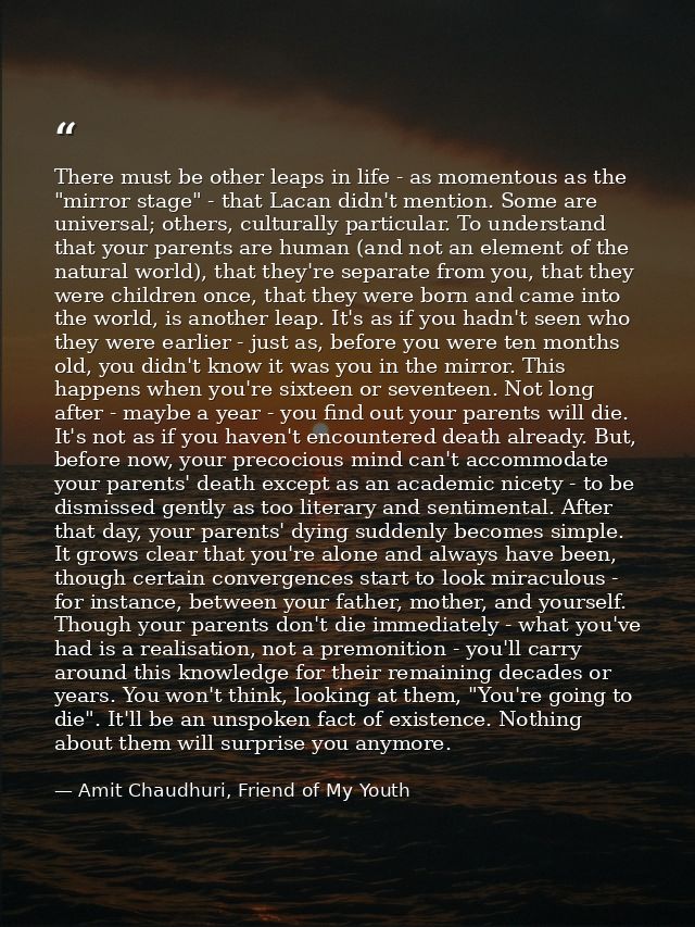 There must be other leaps in life - as momentous as the "mirror stage" - that Lacan didn't mention. Some are universal;  — Amit Chaudhuri, Friend of My Youth