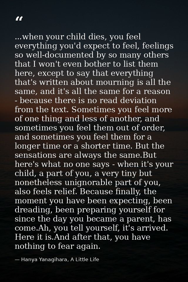 ...when your child dies, you feel everything you'd expect to feel, feelings so well-documented by so many others that I  — Hanya Yanagihara, A Little Life