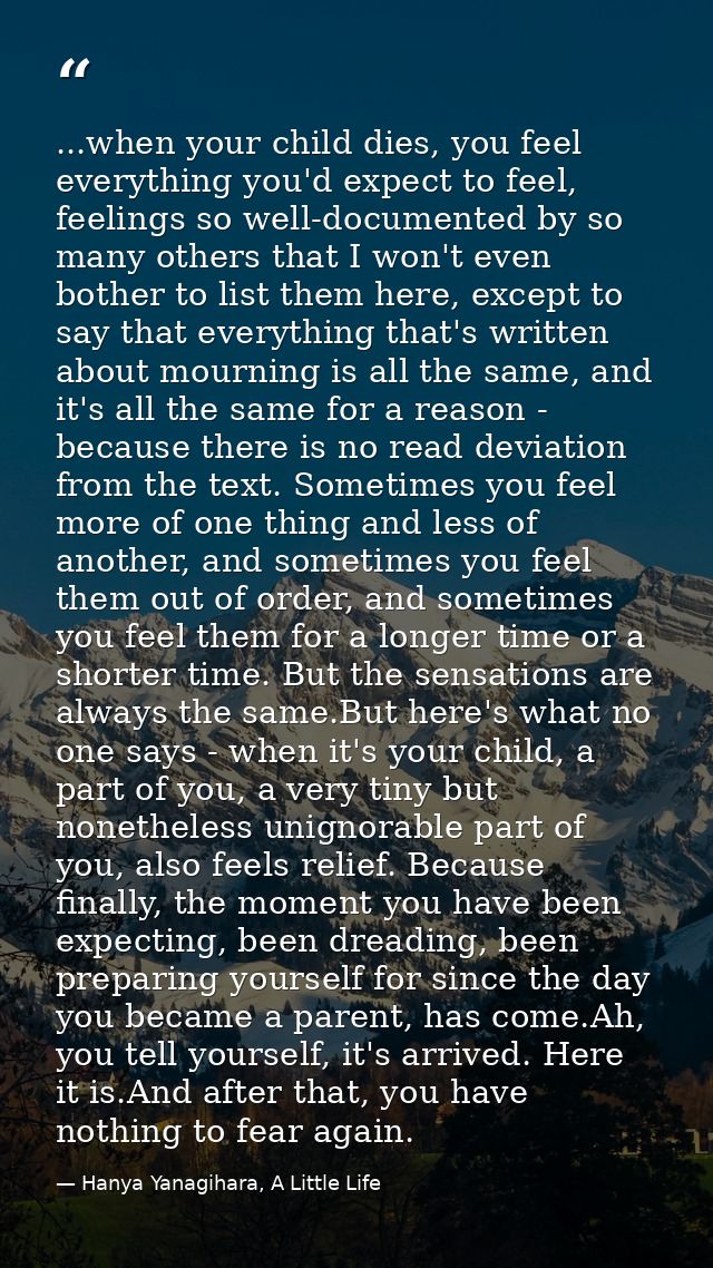 ...when your child dies, you feel everything you'd expect to feel, feelings so well-documented by so many others that I  — Hanya Yanagihara, A Little Life