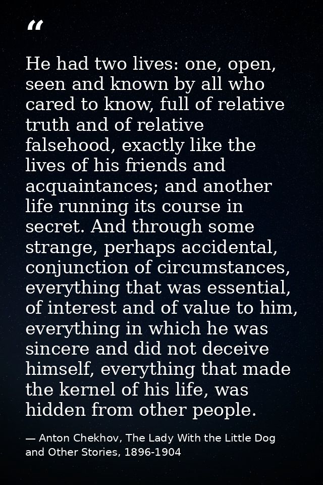 He had two lives: one, open, seen and known by all who cared to know, full of relative truth and of relative falsehood,  — Anton Chekhov, The Lady With the Little Dog and Other Stories, 1896-1904