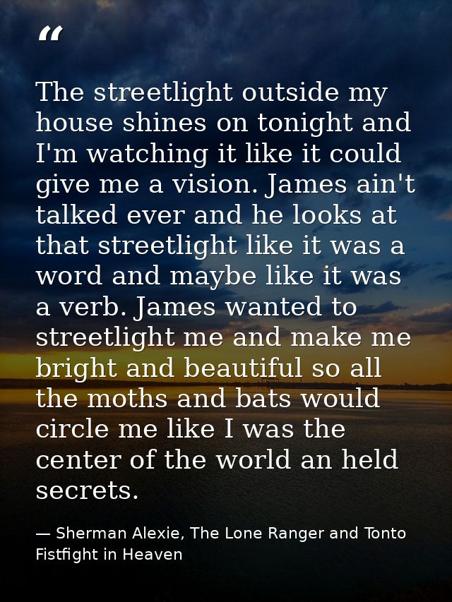 The streetlight outside my house shines on tonight and I'm watching it like it could give me a vision. James ain't talke — Sherman Alexie, The Lone Ranger and Tonto Fistfight in Heaven