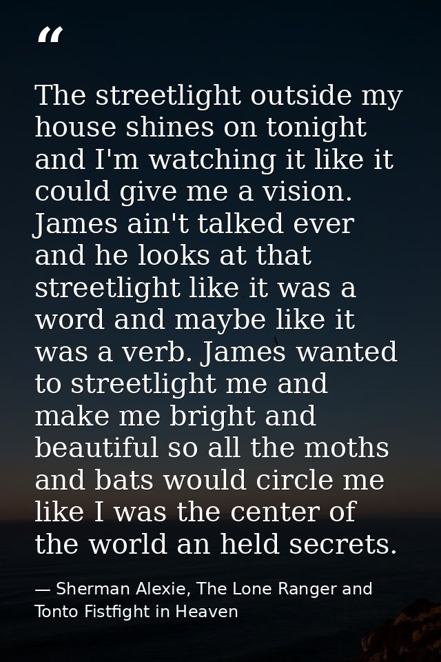The streetlight outside my house shines on tonight and I'm watching it like it could give me a vision. James ain't talke — Sherman Alexie, The Lone Ranger and Tonto Fistfight in Heaven