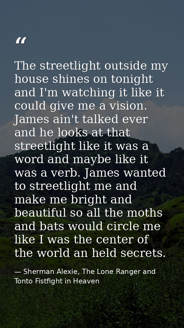 The streetlight outside my house shines on tonight and I'm watching it like it could give me a vision. James ain't talke — Sherman Alexie, The Lone Ranger and Tonto Fistfight in Heaven