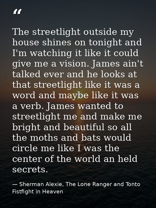 The streetlight outside my house shines on tonight and I'm watching it like it could give me a vision. James ain't talke — Sherman Alexie, The Lone Ranger and Tonto Fistfight in Heaven