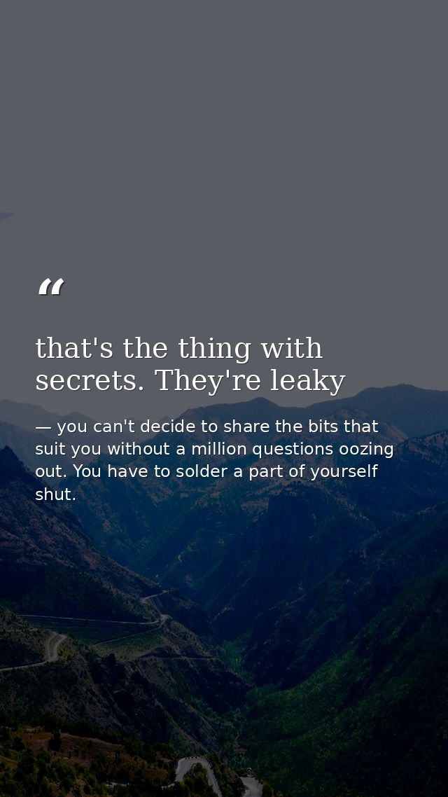 that's the thing with secrets. They're leaky — you can't decide to share the bits that suit you without a million questions oozing out. You have to solder a part of yourself shut.