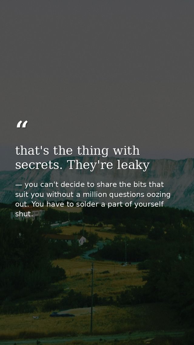 that's the thing with secrets. They're leaky — you can't decide to share the bits that suit you without a million questions oozing out. You have to solder a part of yourself shut.