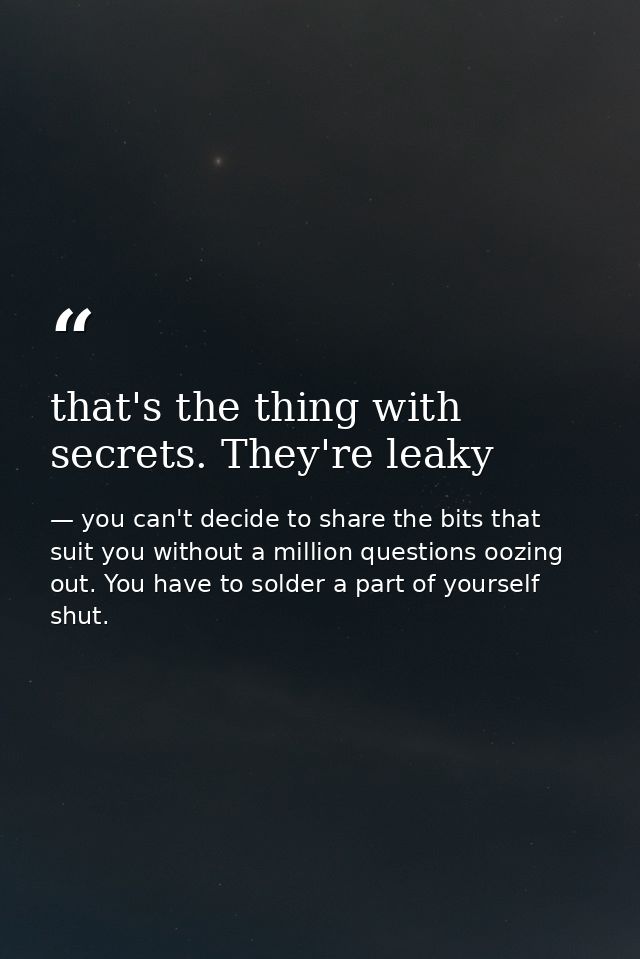 that's the thing with secrets. They're leaky — you can't decide to share the bits that suit you without a million questions oozing out. You have to solder a part of yourself shut.