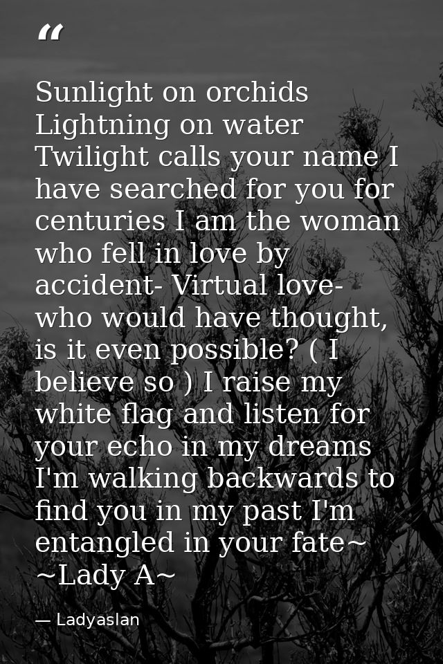 Sunlight on orchids Lightning on water Twilight calls your name I have searched for you for centuries I am the woman who — Ladyaslan