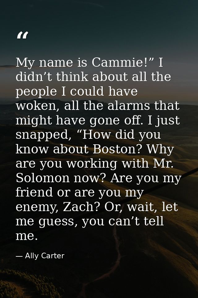 My name is Cammie!” I didn’t think about all the people I could have woken, all the alarms that might have gone off. I j — Ally Carter