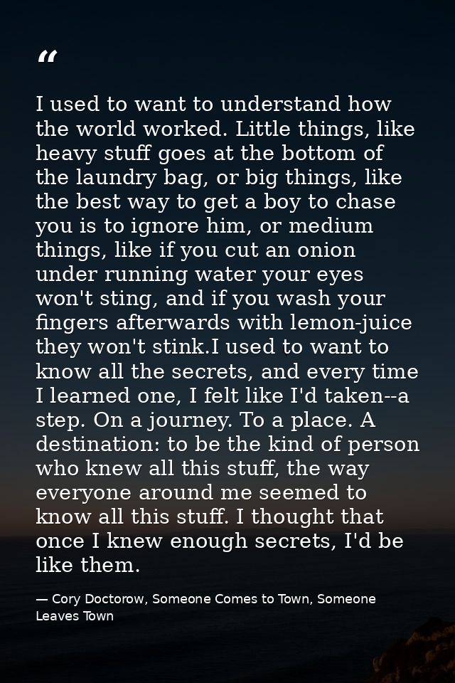 I used to want to understand how the world worked. Little things, like heavy stuff goes at the bottom of the laundry bag — Cory Doctorow, Someone Comes to Town, Someone Leaves Town