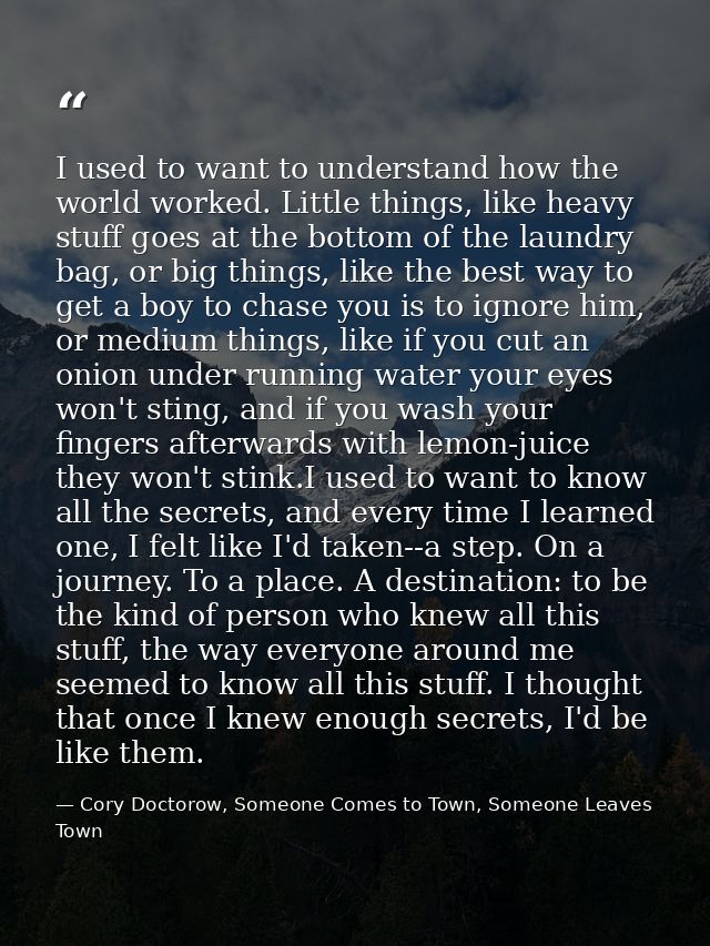 I used to want to understand how the world worked. Little things, like heavy stuff goes at the bottom of the laundry bag — Cory Doctorow, Someone Comes to Town, Someone Leaves Town