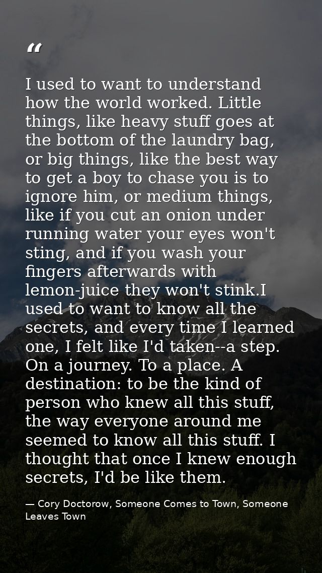 I used to want to understand how the world worked. Little things, like heavy stuff goes at the bottom of the laundry bag — Cory Doctorow, Someone Comes to Town, Someone Leaves Town