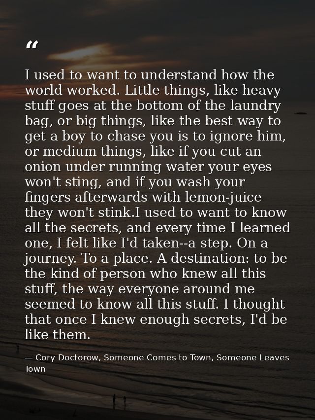 I used to want to understand how the world worked. Little things, like heavy stuff goes at the bottom of the laundry bag — Cory Doctorow, Someone Comes to Town, Someone Leaves Town