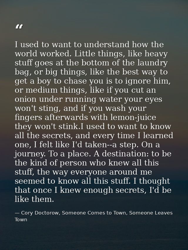 I used to want to understand how the world worked. Little things, like heavy stuff goes at the bottom of the laundry bag — Cory Doctorow, Someone Comes to Town, Someone Leaves Town