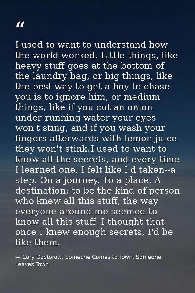 I used to want to understand how the world worked. Little things, like heavy stuff goes at the bottom of the laundry bag — Cory Doctorow, Someone Comes to Town, Someone Leaves Town
