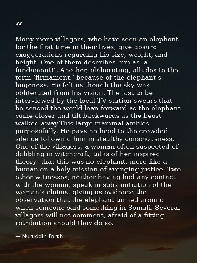 Many more villagers, who have seen an elephant for the first time in their lives, give absurd exaggerations regarding hi — Nuruddin Farah