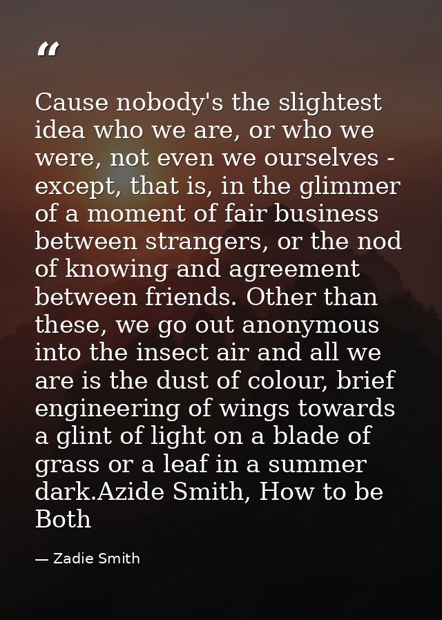 Cause nobody's the slightest idea who we are, or who we were, not even we ourselves - except, that is, in the glimmer of — Zadie Smith